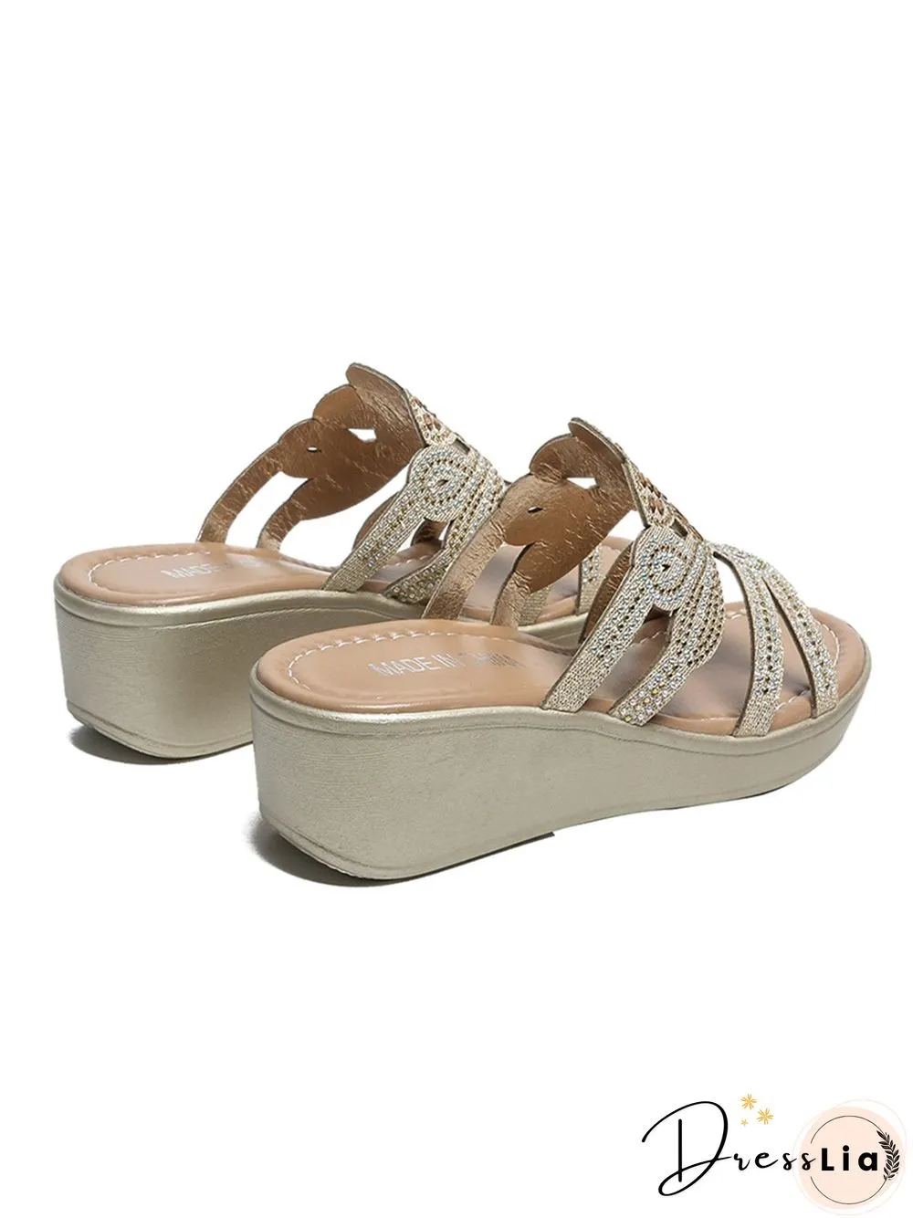 Rhinestone Floral Leaf Cutout Glitter Wedge Slippers