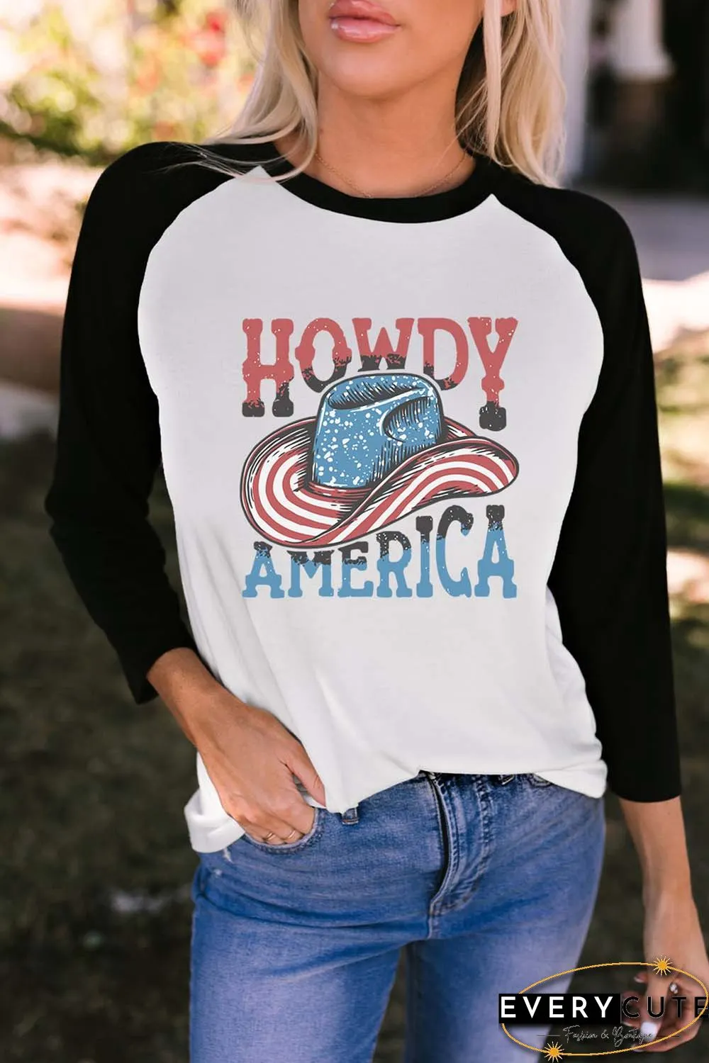 Black HOWDY AMERICA Cowboy Hat Graphic Raglan Long Sleeve Tee