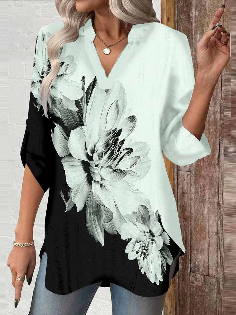 Women Floral, Black, Green DZGA0712 3/4 Sleeve V-neck Printed Graphic Button Tops
