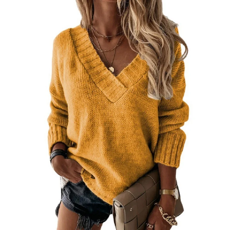 Wongn Wongn Women WISH Hot Style Women's Wear Fall And Winter New Solid Color V-Neck Knit Pullover
