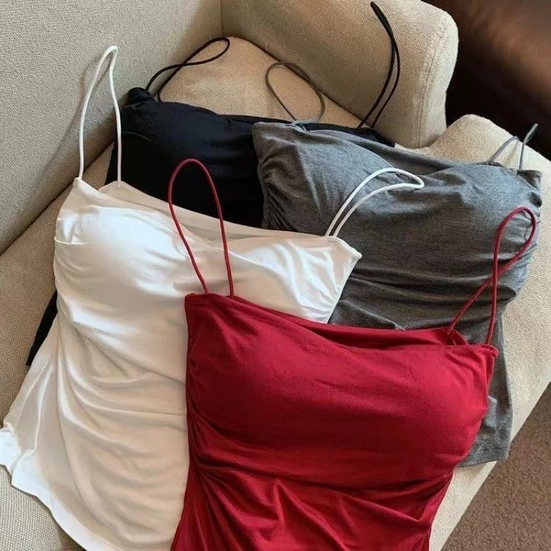 Brownm Tops Women with Built in Bra Spaghetti Strap Tanks for Woman Solid Color Casual Summer Camis Female Korean Style Dropship