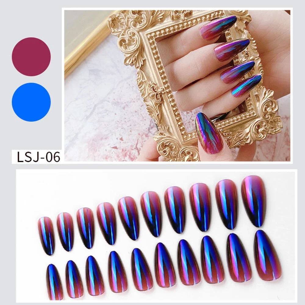 24pcs Gradient Aurora Mirror Design False Nails Long Stiletto Press on Nails Wearable Full Cover Fake Nail Detachable Nail Tips-Nail Inspo