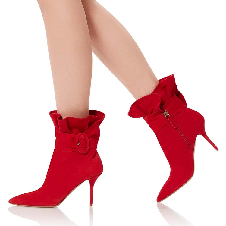 Red Pointy Toe Ruffle Buckle Stiletto Heels Ankle Boots |FSJ Shoes