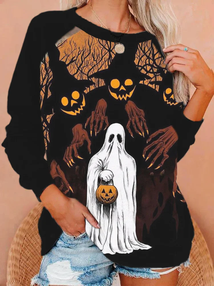 Vintage Halloween Pumpkin Witch Ghost Art Sweatshirt