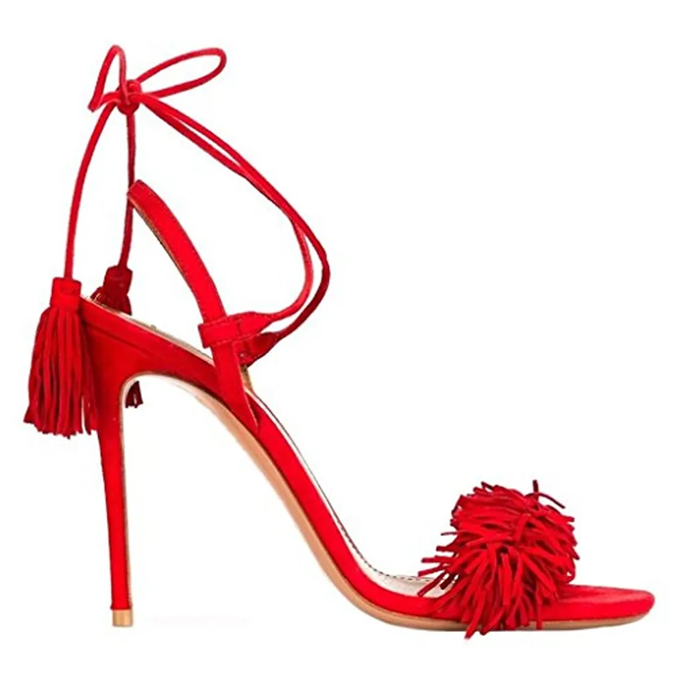 3.94" Ladies Open Toe Suede Leather Sandals Fringed Strappy Stiletto Heel Shoes-vocosishoes