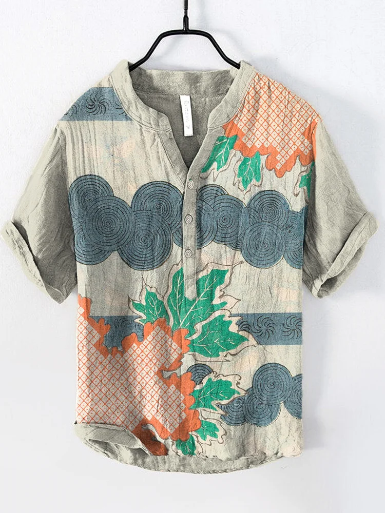 Japanese Pattern Print Cozy Cotton Linen Shirt