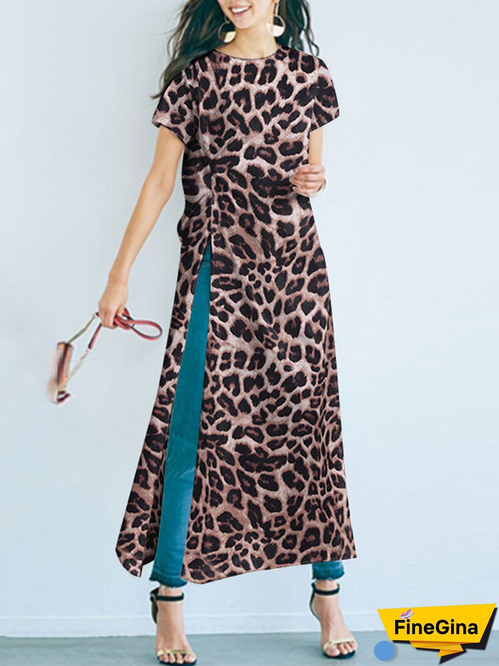 Leopard Split Twist Round Neck Short Sleeve Casual T-Shirt