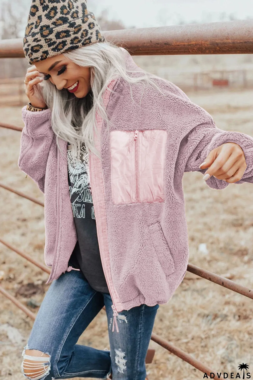 Zip Up Sherpa Coat With Pocket