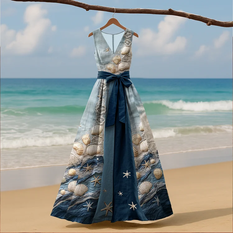 Women's Vintage Ocean Starfish Shell Art Linen Tank Dress