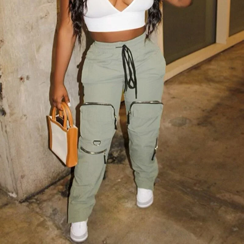 BIIKPIIK Basic Sporty Overalls Female Pockets Zippers Drawstring Straight Trousers Retro High Streetwear Solid Casual Long Pants