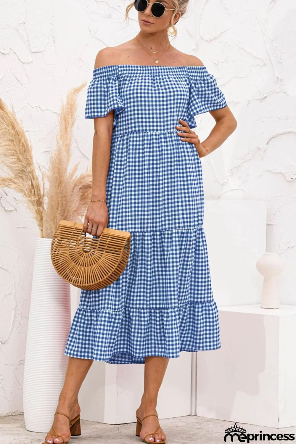 Gingham Off-Shoulder Tiered Midi Dress
