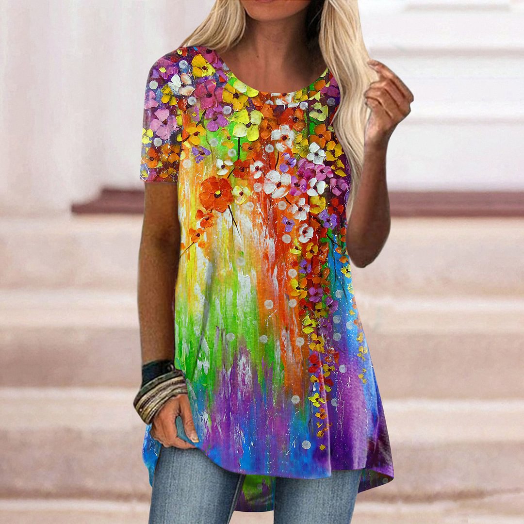 Gradient Colorblock Floral Print T-Shirt