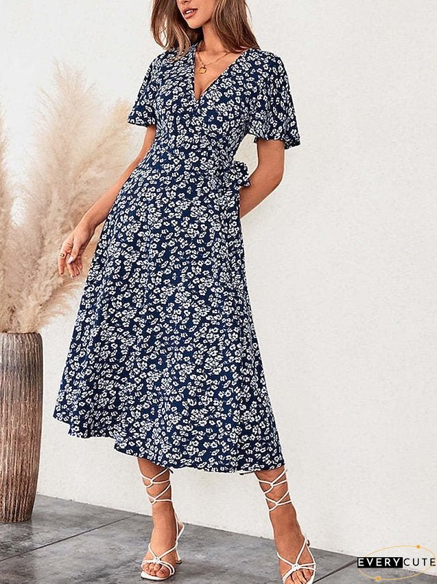 Casual Dress Wrap Line Floral Ditsy Lace Split Neck Midi Fashion Streetwear Outdoor Daily