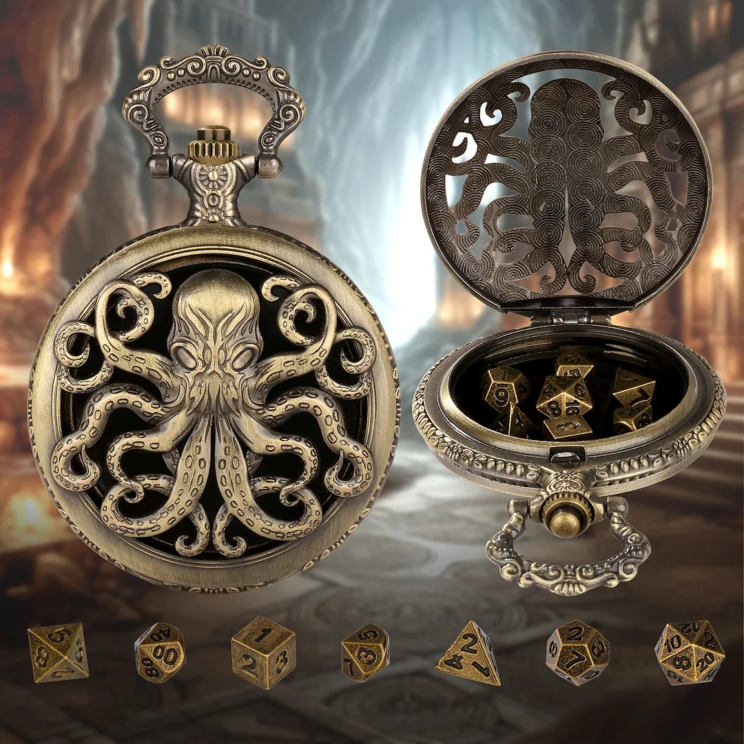 Thick Chain Octopus Symmetrical Pocket Watch Set And Mini DND Dice Set