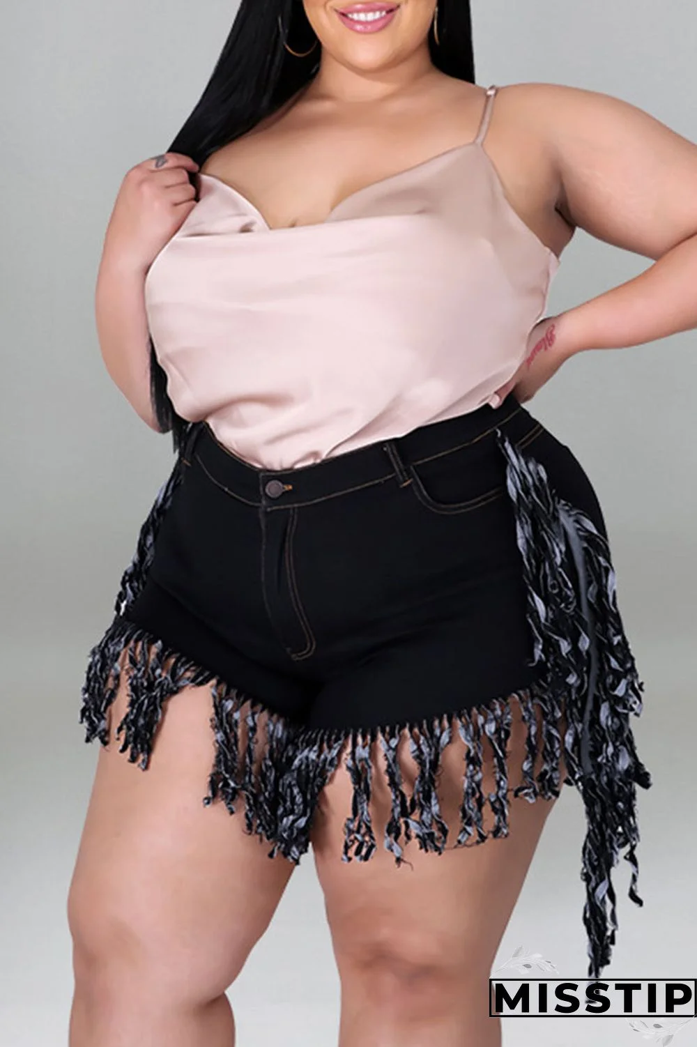 Black Casual Street Solid Tassel Patchwork Plus Size Jeans