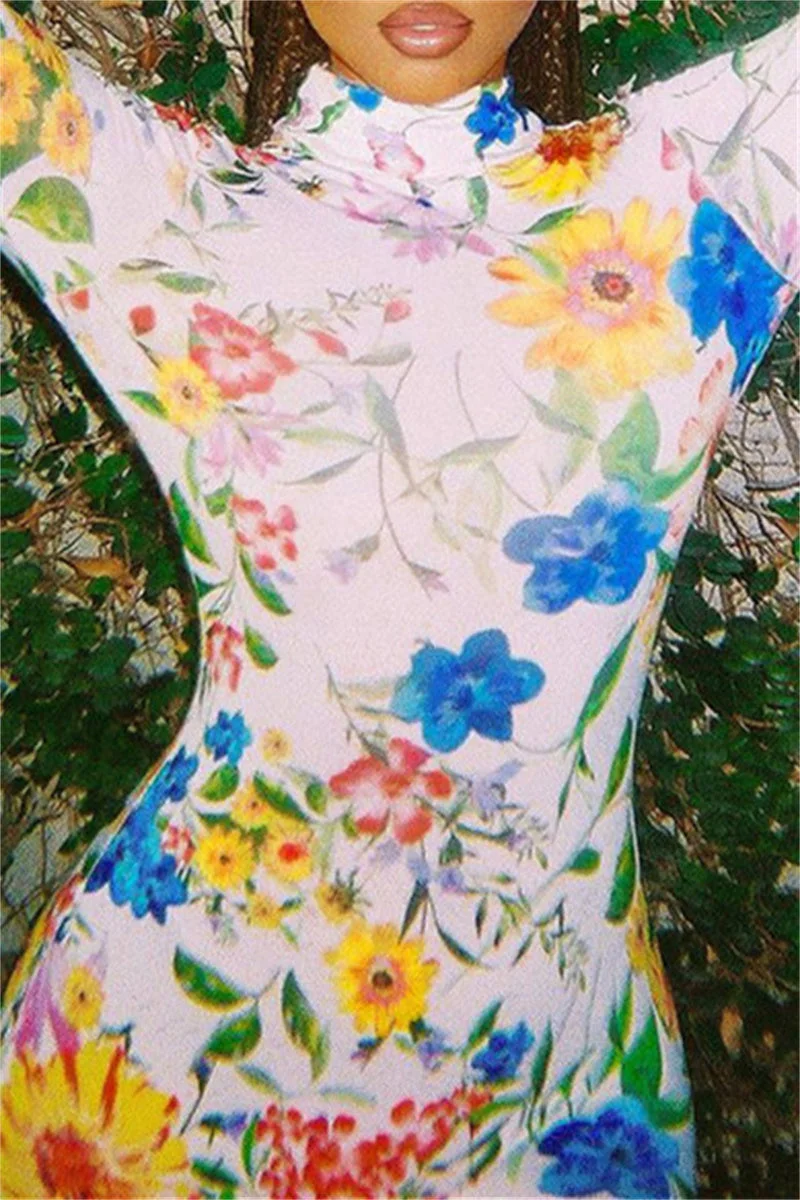 Casual Print Patchwork Turtleneck Skinny Jumpsuits