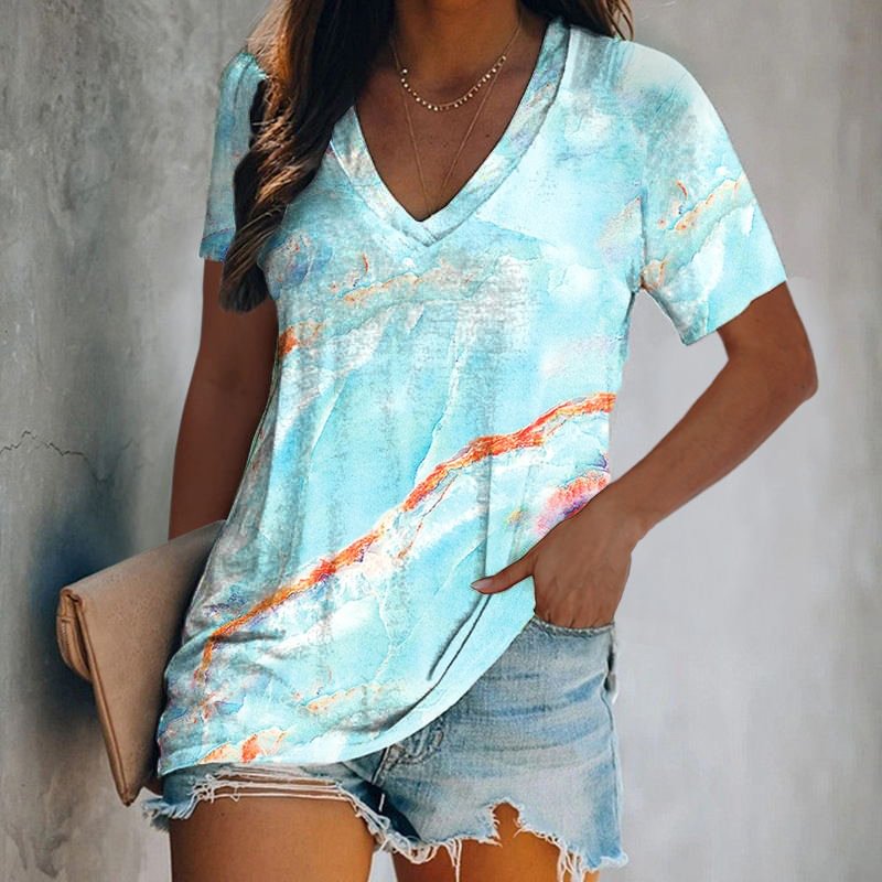 Women Tie Dye Print Casual V-Neck T-Shirt