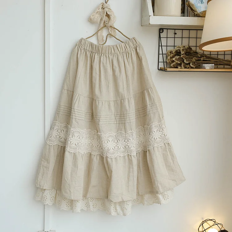 Queenfunky cottagecore style Double Layered Linen Skirt With Lace Hem QueenFunky