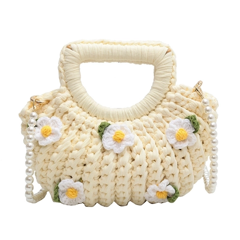 Women’s Medium Fabric Flower Cute Weave Open Crochet Bag