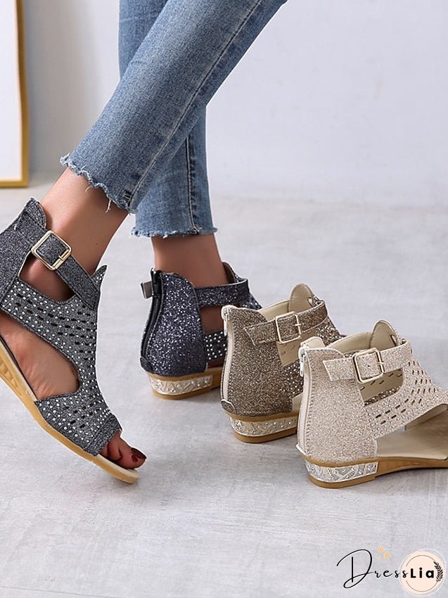 Womens Sandals Wedge Plus Size Party Outdoor Work Summer Spring Rhinestone Heel Peep Toe