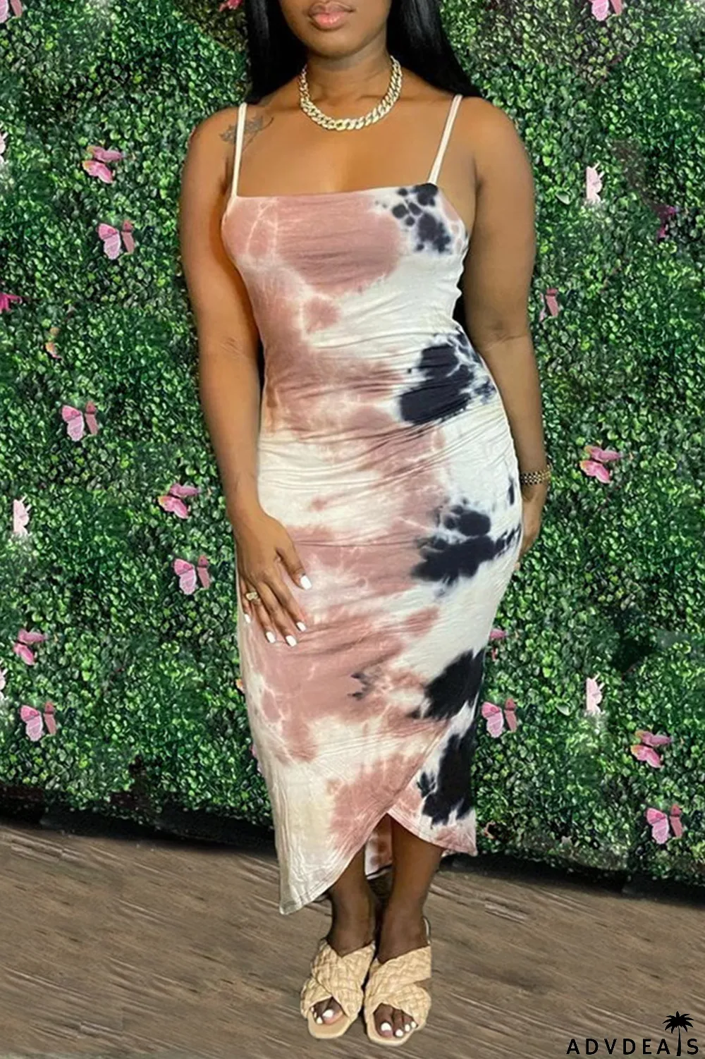 Multicolor Fashion Sexy Print Tie Dye Backless Spaghetti Strap Irregular Dress