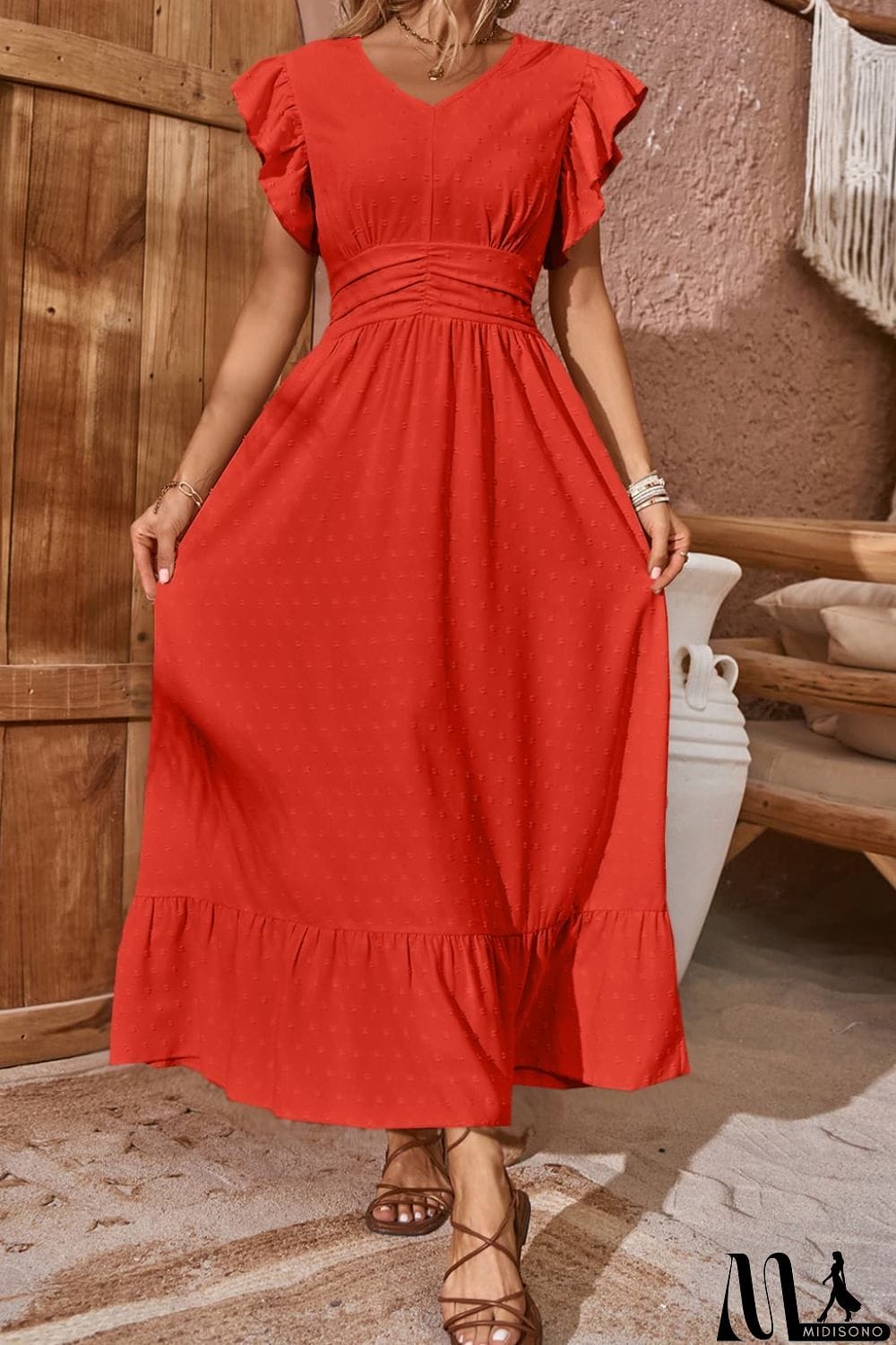 MidiSono - Swiss Dot V-Neck Flutter Sleeve Dress