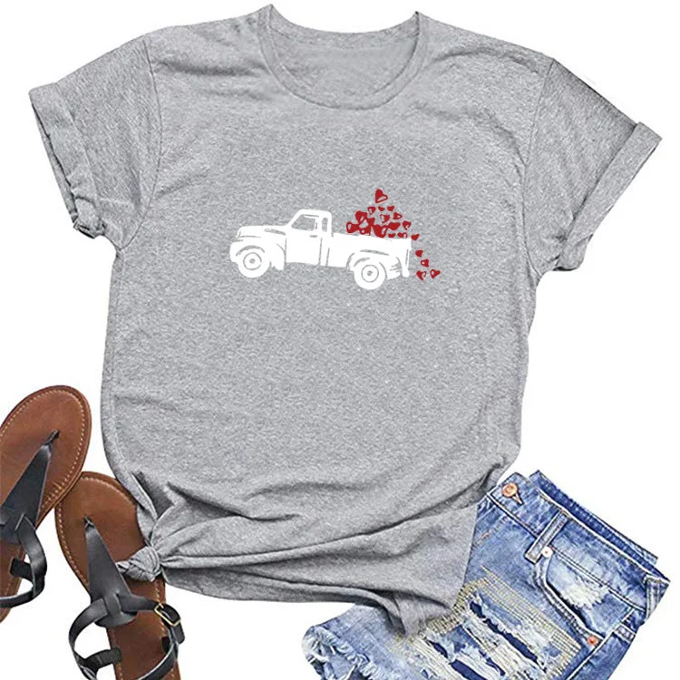 Round Neck Hearts and Car Printed Short Sleeves T-shirt