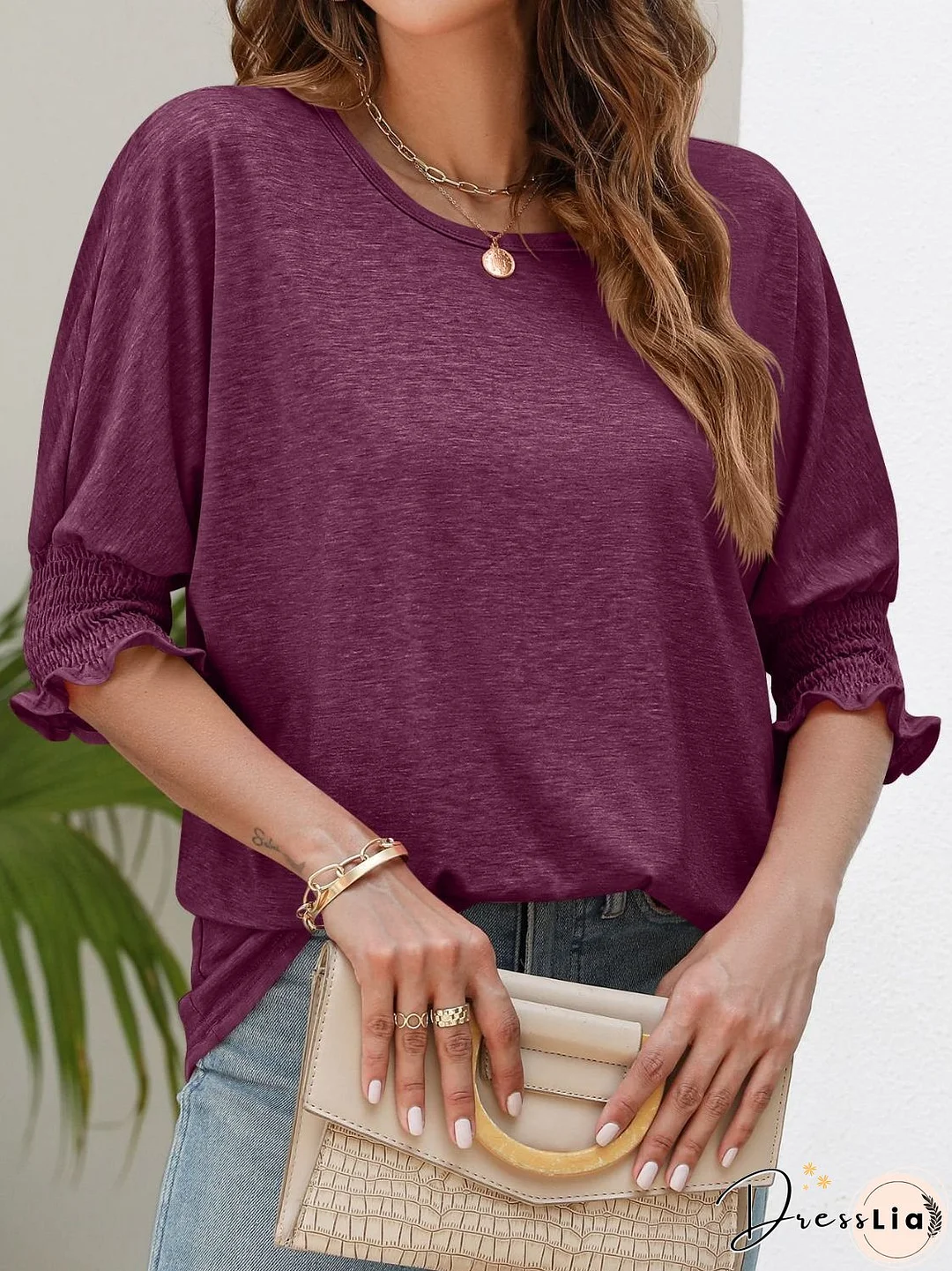 Smocked Flounce Sleeve Round Neck T-Shirt