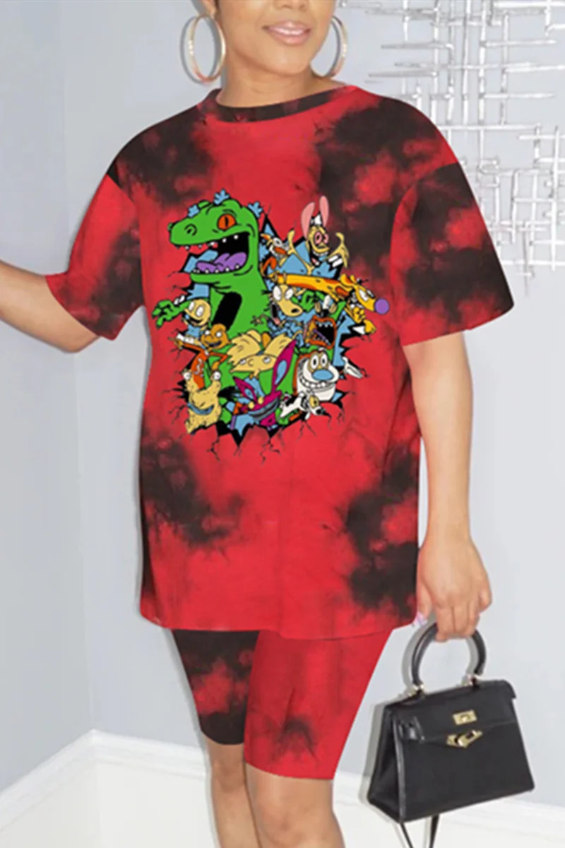 Red Fashion Casual Printed Short-sleeved T-shirt Set | EGEMISS