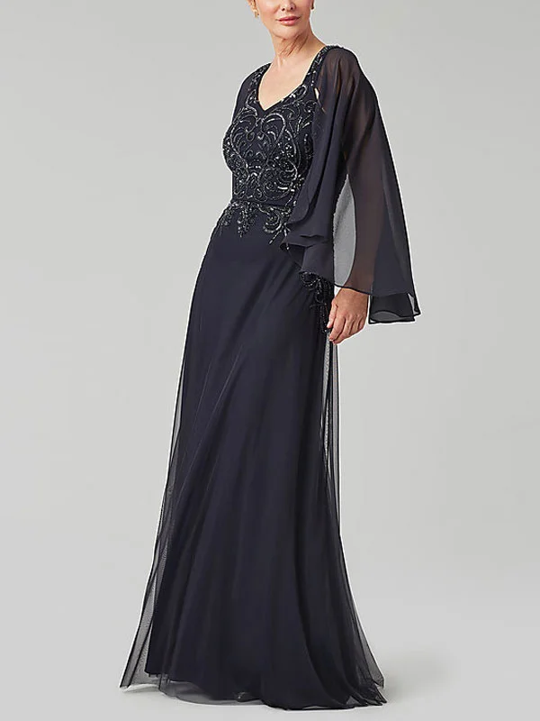 Cape-Sleeve Navy Long Mother-of-the-Bride Dress