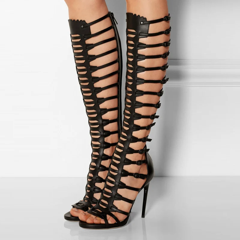Black Gladiator Heels Hollow Out Stiletto Heels Strappy Sandals Nicepairs
