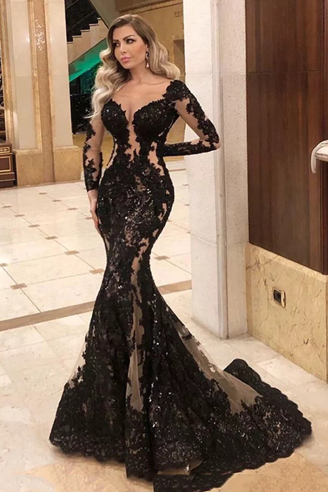 Lvs&Broner Charming Long Sleeves V Neck Long Mermaid Prom Dress With Appliques