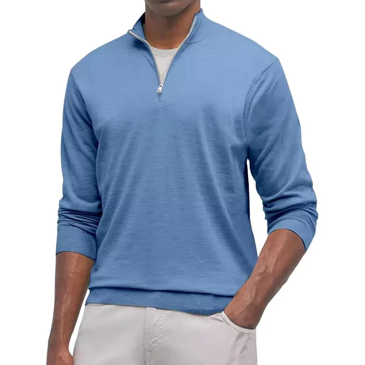Men's Casual Solid Color Zipper Neck Loose Long Sleeve T-Shirt 61977630M