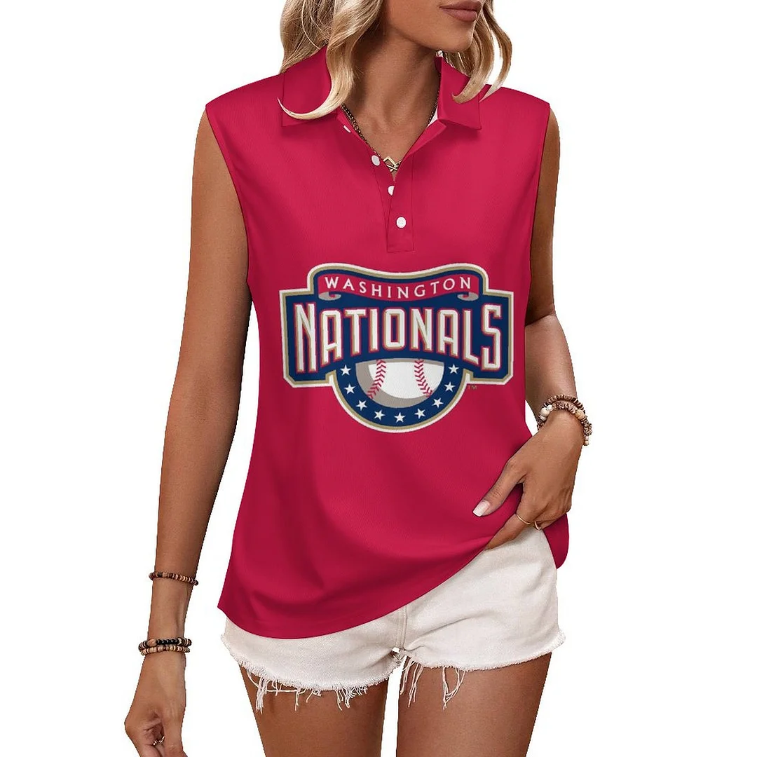 V-neck Sleeveless Casual POLO Shirt Tank Top for Women Printed with Pattern , Blue, Red