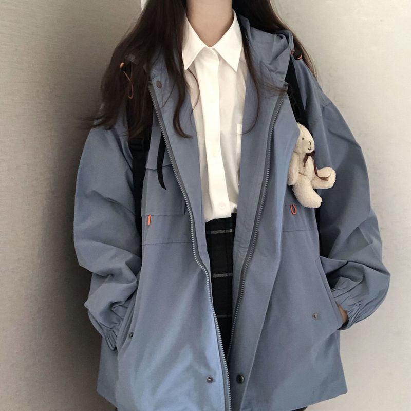 Parigaminghub Techwear jacket Women Korean loose unisex long-sleeved hooded preppy solid color jacket all-match casual student coat streetwear