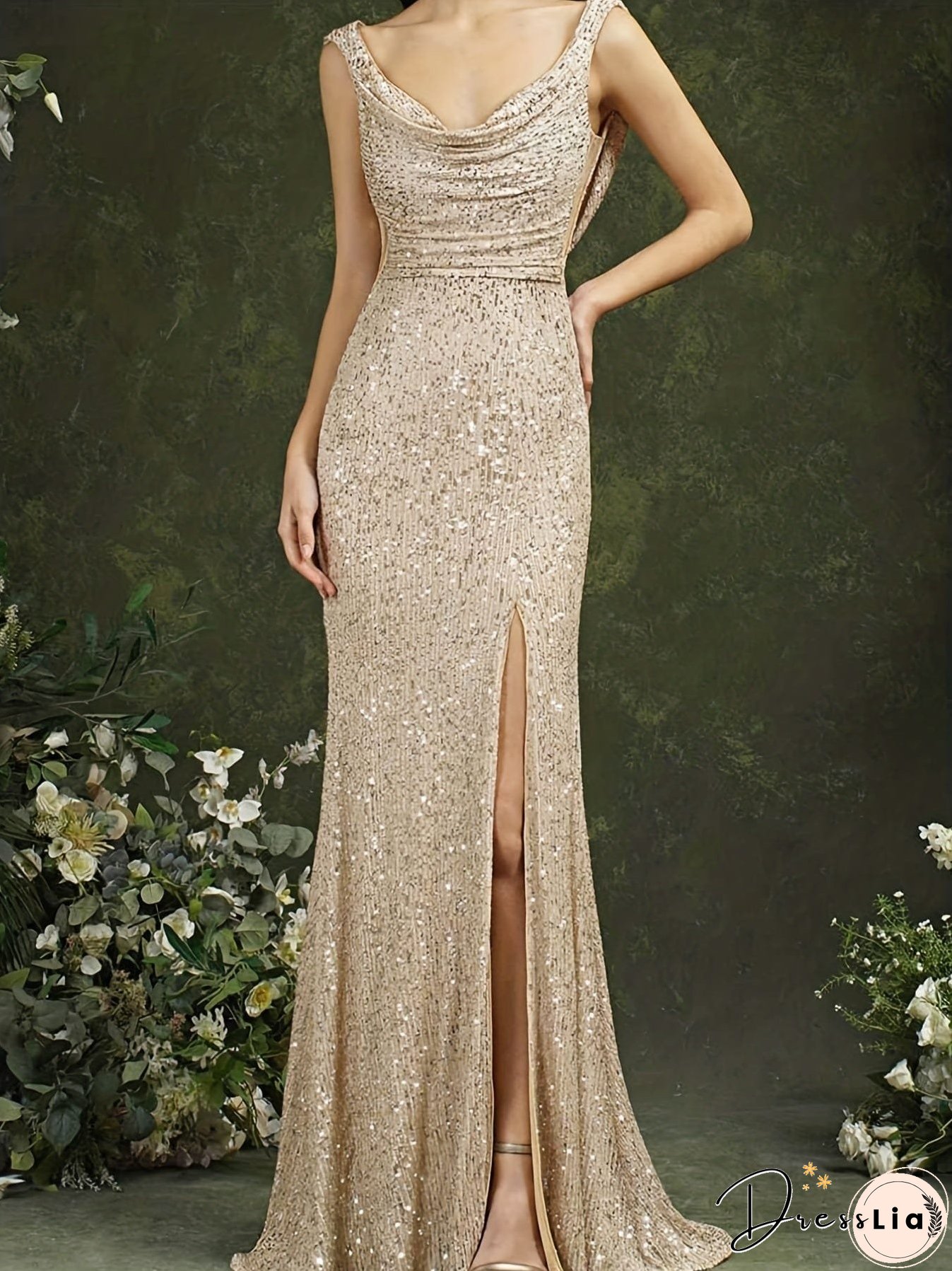 Sequin Cowl Neck Backless Backless Split Party Maxi Dress