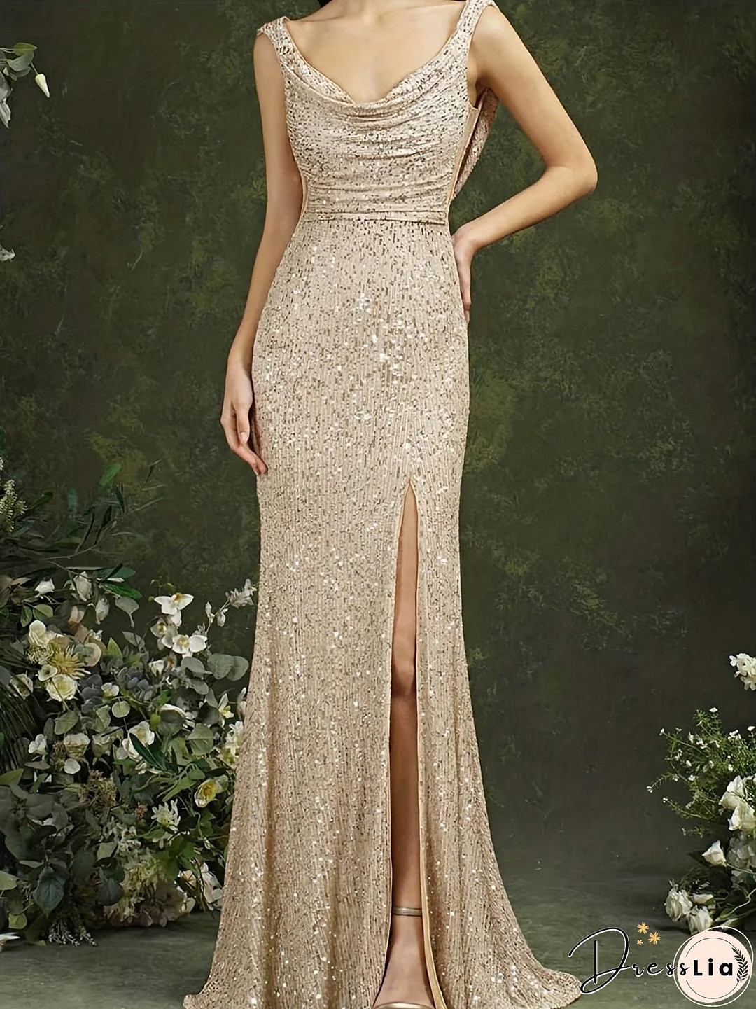 Sequin Cowl Neck Backless Backless Split Party Maxi Dress