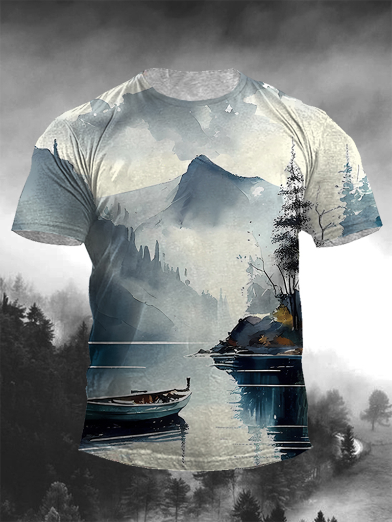Men's Landscape Print Casual Short Sleeve T-shirt
