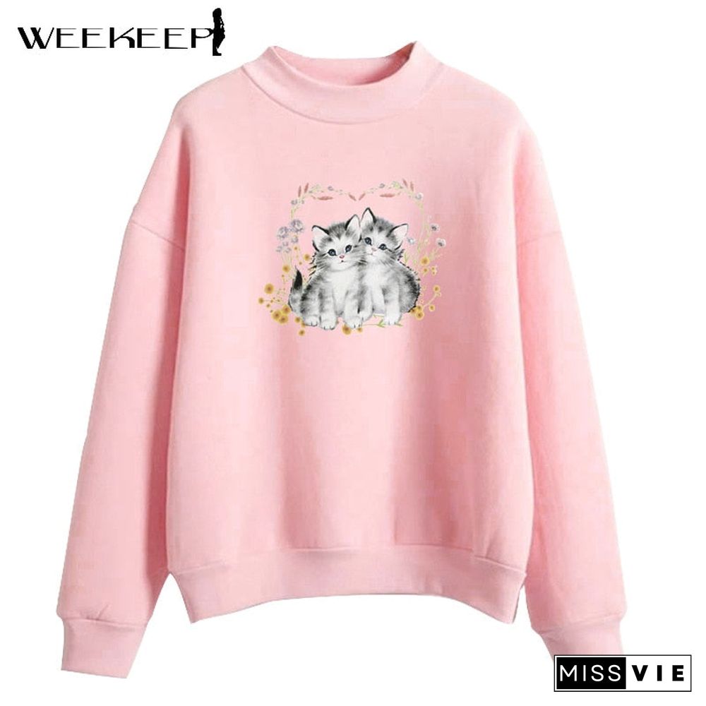 Weekeep Casual Oversized Sweatshirts Women Cute Cat Print Pullover Autumn Long Sleeve Loose Harajuku Streetwear Korean Aesthetic