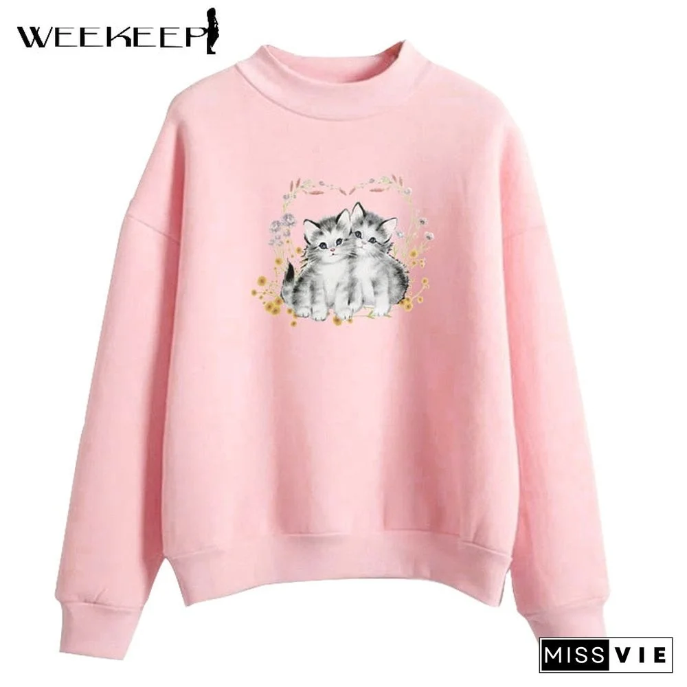 Weekeep Casual Oversized Sweatshirts Women Cute Cat Print Pullover Autumn Long Sleeve Loose Harajuku Streetwear Korean Aesthetic