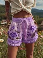 Women's Patchwork Rose Floral Contrast Drawstring Shorts - Image 3