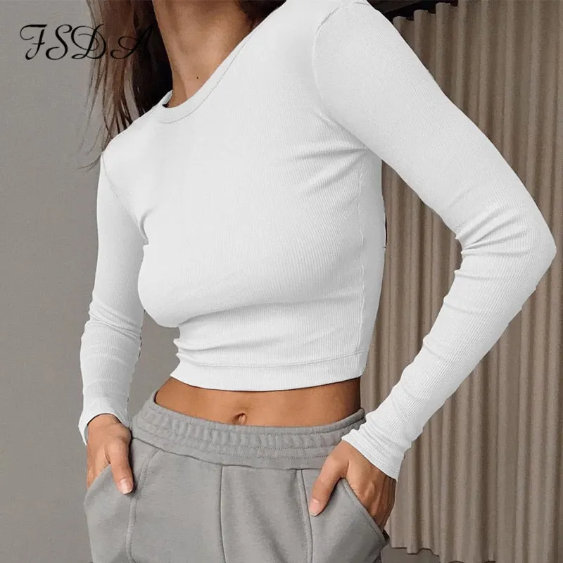 FSDA O Neck Ribber Long Sleeve Crop Top Women Autumn Winter White Casual T Shirt Basic Black Sexy Knitted Top Shirts Clothes