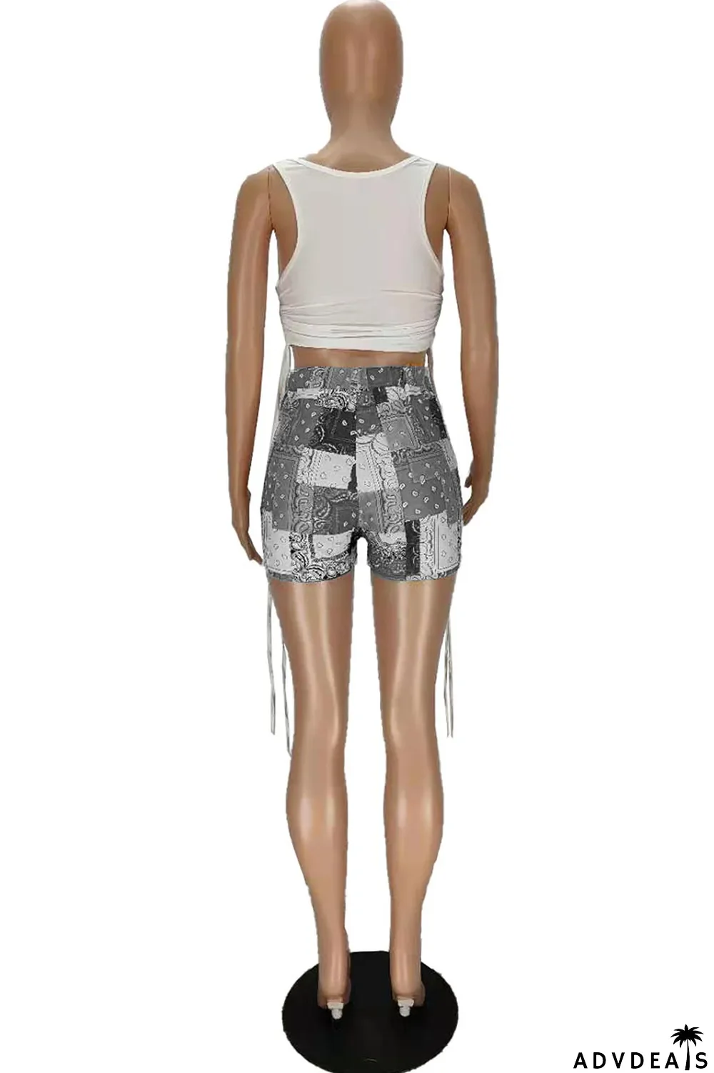 Grey Sexy Print Ripped Contrast Spaghetti Strap Sleeveless Two Pieces