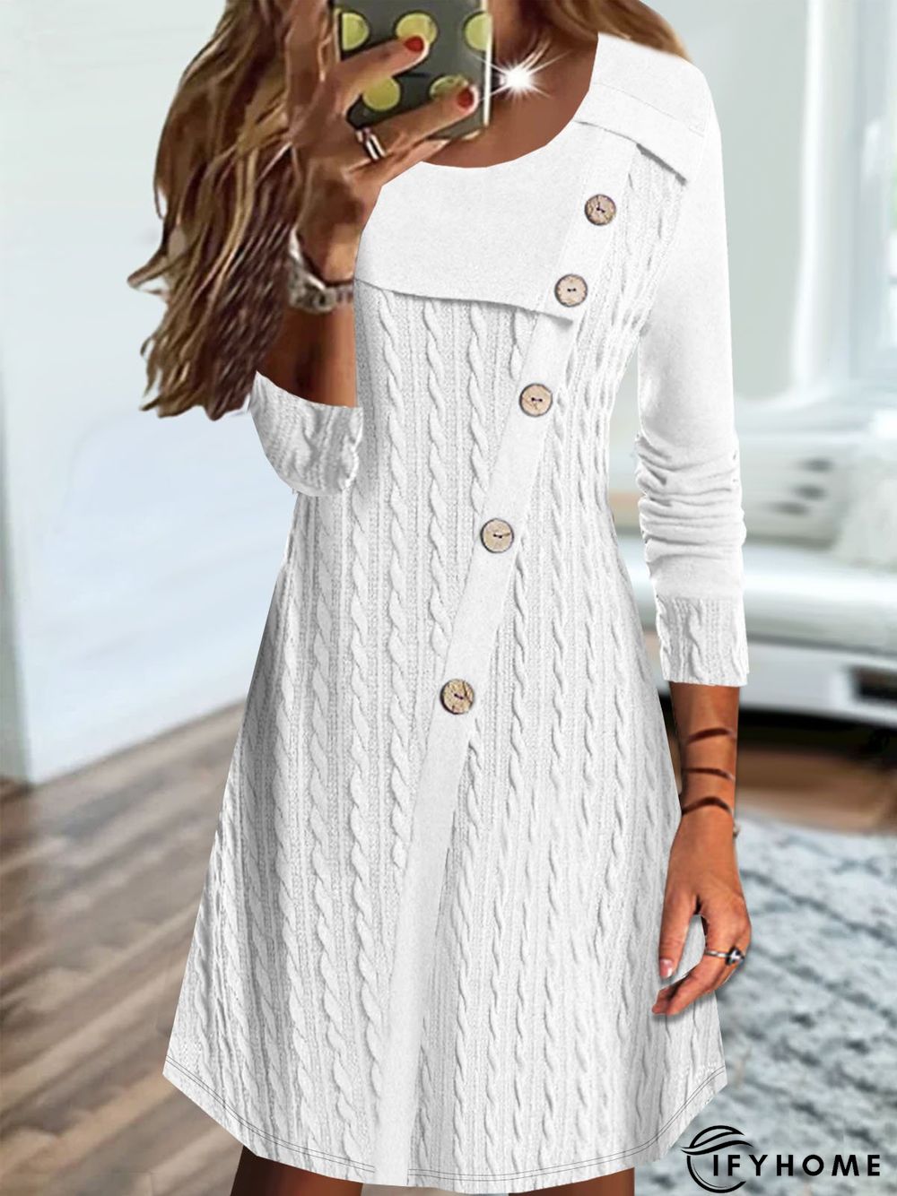 Casual Plain Texture Crew Neck Stitched Buttons Jersey Dress | IFYHOME