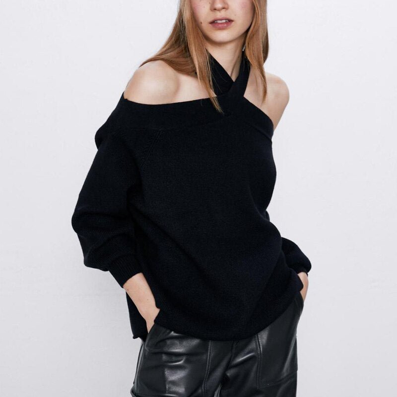 Spring and autumn female casual solid color sweater hanging neck strapless loose sweater