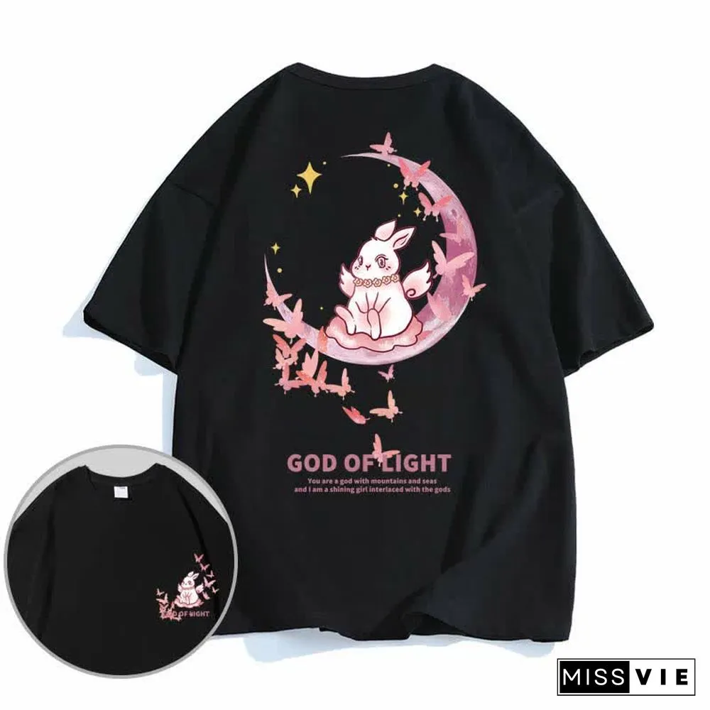 Cartoon Sakura Bunny Letter Print Round Collar T-Shirt