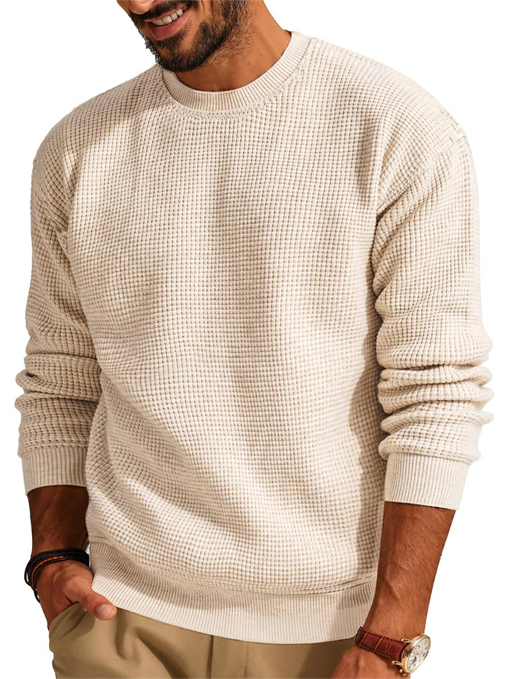 New Solid Color Round Neck Sweater Knit Sweater Men's Casual Waffle Sweater