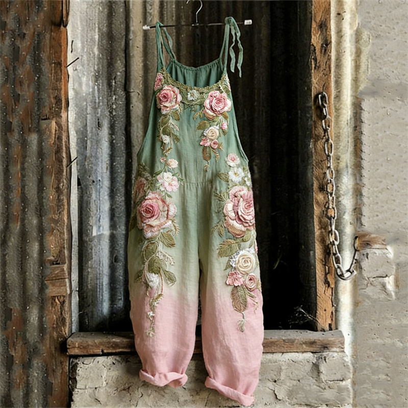 Vintage Pink Roses Contrast Gradient Linen Jumpsuit wearshes