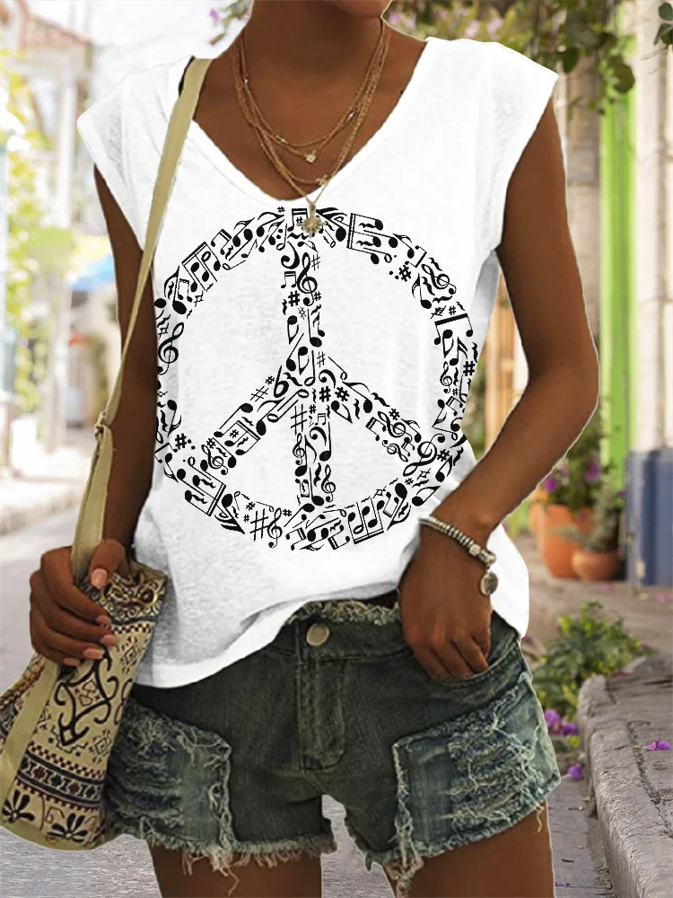 Peace Music Notes Graphic V Neck Tank Top