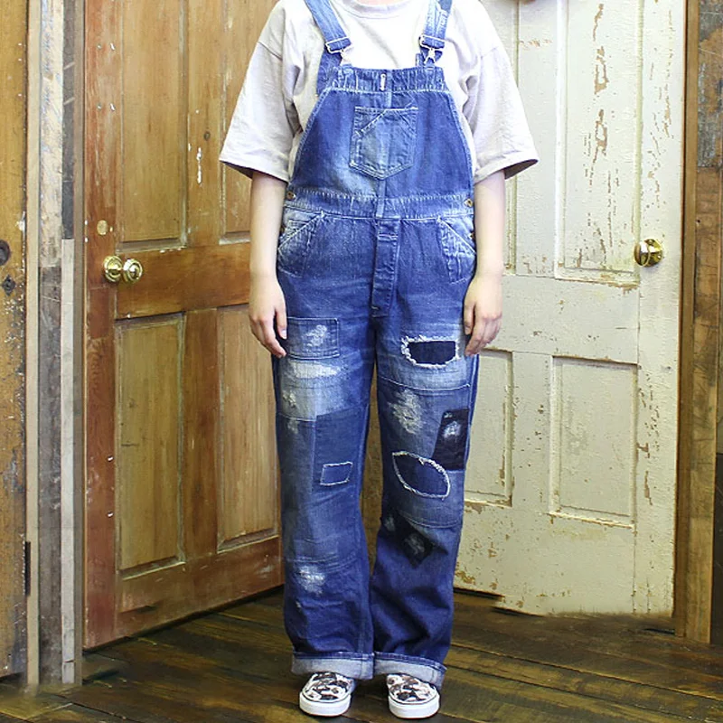 Retro Ripped Stitching Straight Overalls